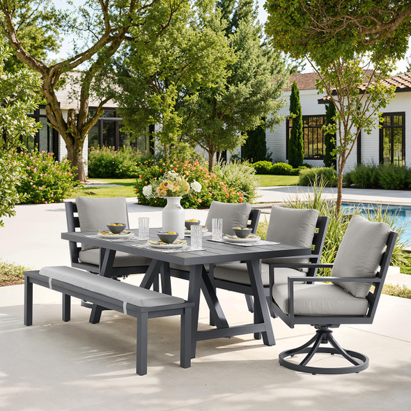 Montecito Charcoal Aluminum with Cushions 6 Piece Combo Bench Dining Set + 70 x 40 in. Table