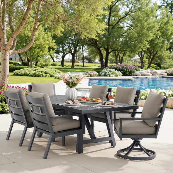 Montecito Charcoal Aluminum with Cushions 7 Piece Combo Dining Set + 84 x 42 in. Table