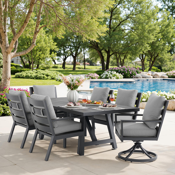 Montecito Charcoal Aluminum with Cushions 7 Piece Combo Dining Set + 84 x 42 in. Table