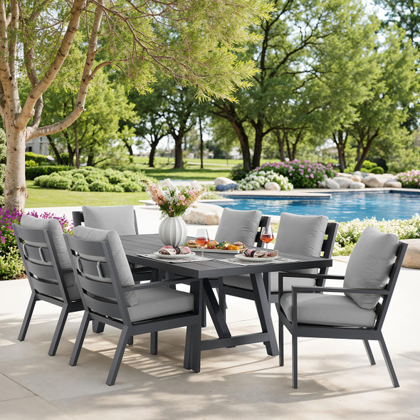 Montecito Charcoal Aluminum with Cushions 7 Piece Dining Set + 84 x 42 in. Table