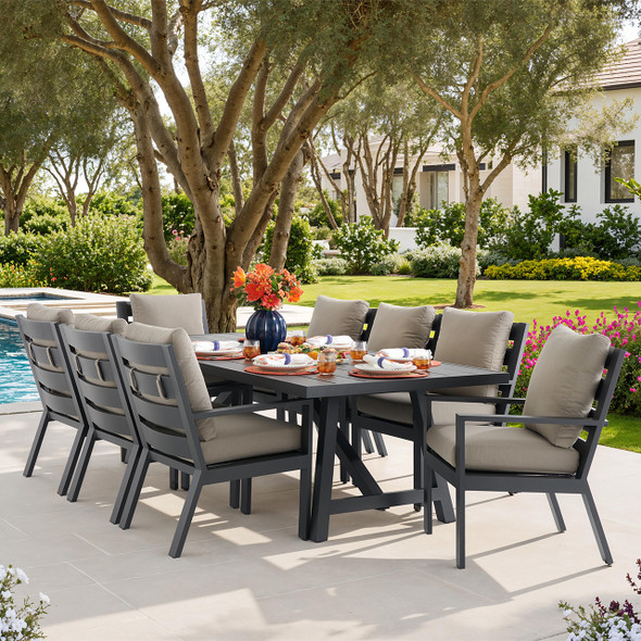 Montecito Charcoal Aluminum with Cushions 9 Piece Dining Set +100 x 40 in. Table
