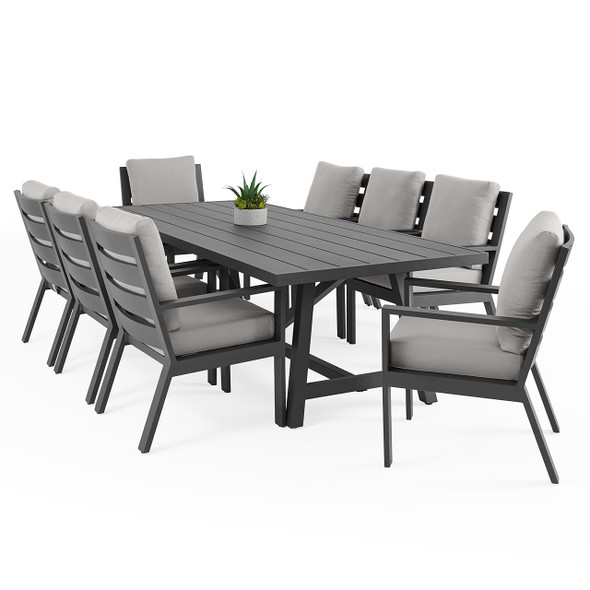 Montecito Charcoal Aluminum with Cushions 9 Piece Dining Set +100 x 40 in. Table