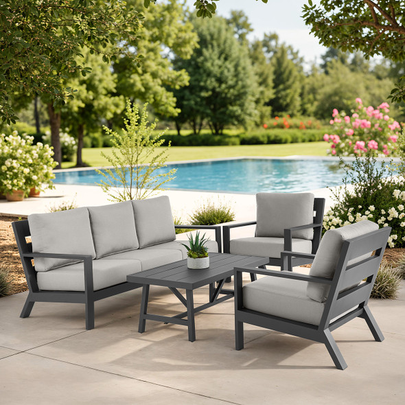 Montecito Charcoal Aluminum with Cushions 4 Piece Sofa Group + 48 x 26 in. Coffee Table