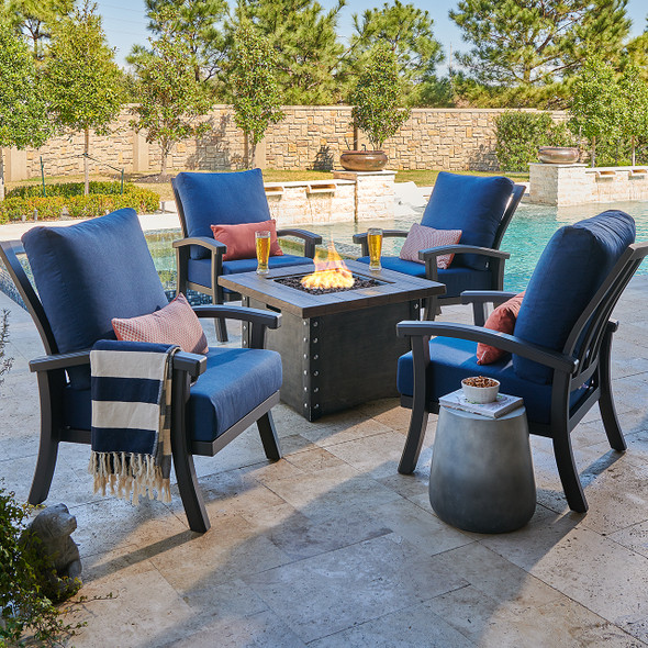 Fairmont Aged Bronze Aluminum with Cushions 5 Piece Chat Set + 34.5 in. Sq. Fire Pit Fairmont Aged Bronze Aluminum with Cushions 5 Piece Chat Set + 34.5 in. Sq. Fire Pit