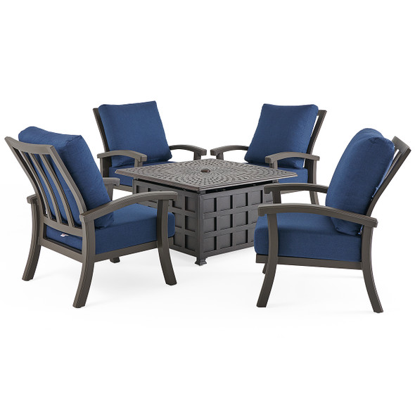 Fairmont Aged Bronze Aluminum with Cushions 5 Piece Chat Set + 42 in. Sq. Fire Pit Fairmont Aged Bronze Aluminum with Cushions 5 Piece Chat Set + 42 in. Sq. Fire Pit