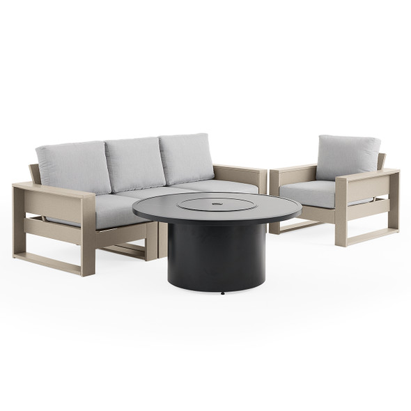 Montauk Weathered Wood Polymer with Cushions 5 Piece Modular Sofa Group + 48 in. D Black Sintered Fire Pit Table Montauk Weathered Wood Polymer with Cushions 5 Piece Modular Sofa Group + 48 in. D Black Sintered Fire Pit Table