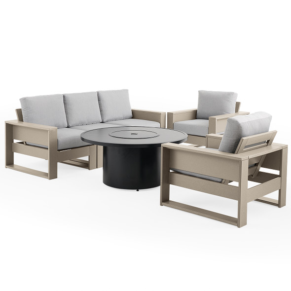 Montauk Weathered Wood Polymer with Cushions 6 Piece Modular Sofa Group + 48 in. D Black Sintered Fire Pit Table Montauk Weathered Wood Polymer with Cushions 6 Piece Modular Sofa Group + 48 in. D Black Sintered Fire Pit Table