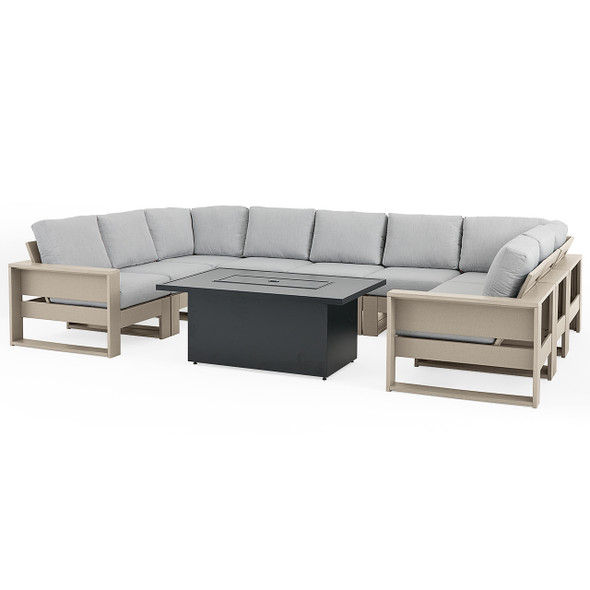 Montauk Weathered Wood Polymer with Cushions 10 Piece Modular Sectional + 52 x 32 in. Black Sintered Fire Pit Table Montauk Weathered Wood Polymer with Cushions 10 Piece Modular Sectional + 52 x 32 in. Black Sintered Fire Pit Table