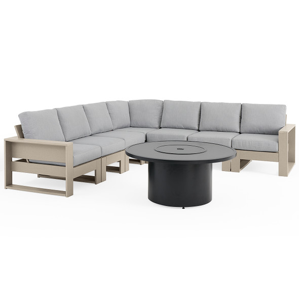 Montauk Weathered Wood Polymer with Cushions 8 Piece Modular Sectional + 48 in. D Black Sintered Fire Pit Table Montauk Weathered Wood Polymer with Cushions 8 Piece Modular Sectional + 48 in. D Black Sintered Fire Pit Table