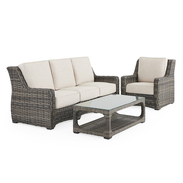 Tangiers Canola Seed Outdoor Wicker and Charmer Limestone Cushions 3 Piece Sofa Group + 46 x 26 in. Coffee Table Tangiers Canola Seed Outdoor Wicker and Charmer Limestone Cushions 3 Piece Sofa Group + 46 x 26 in. Coffee Table