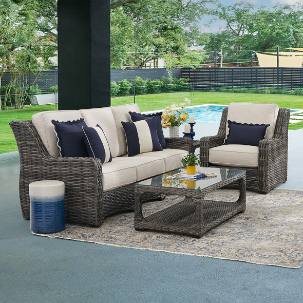 Tangiers Canola Seed Outdoor Wicker and Charmer Limestone Cushions 3 Piece Sofa Group + 46 x 26 in. Coffee Table Tangiers Canola Seed Outdoor Wicker and Charmer Limestone Cushions 3 Piece Sofa Group + 46 x 26 in. Coffee Table