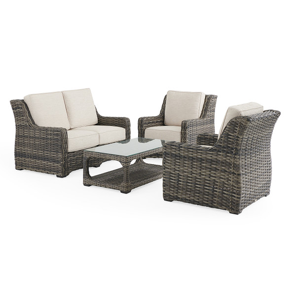 Tangiers Canola Seed Outdoor Wicker and Charmer Limestone Cushions 4 Piece Loveseat Group + 46 x 26 in. Coffee Table Tangiers Canola Seed Outdoor Wicker and Charmer Limestone Cushions 4 Piece Loveseat Group + 46 x 26 in. Coffee Table