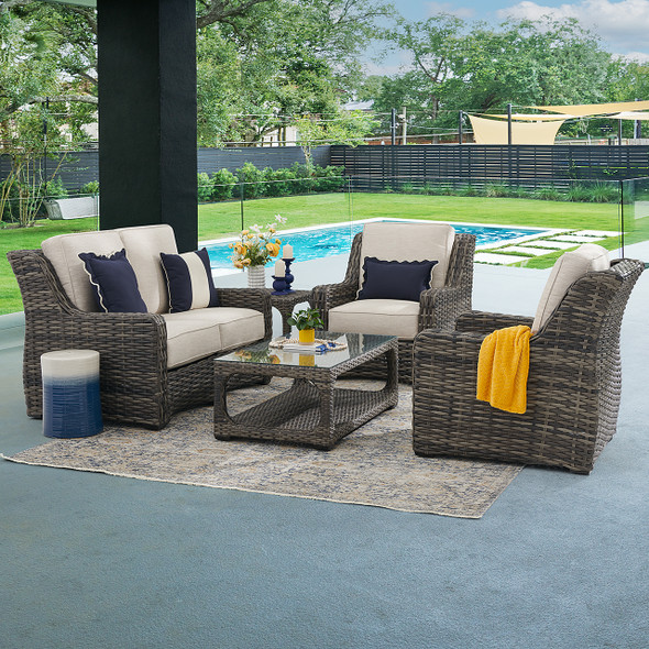 Tangiers Canola Seed Outdoor Wicker and Charmer Limestone Cushions 4 Piece Loveseat Group + 46 x 26 in. Coffee Table Tangiers Canola Seed Outdoor Wicker and Charmer Limestone Cushions 4 Piece Loveseat Group + 46 x 26 in. Coffee Table