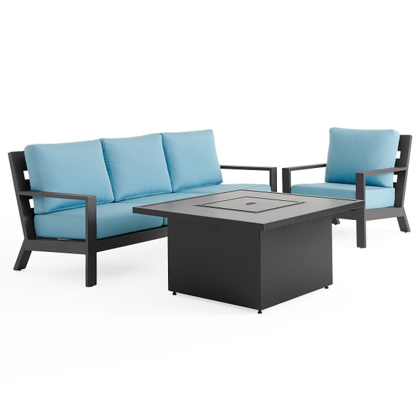 Montecito Charcoal Aluminum with Cushions 3 Piece Sofa Group + 42 in. Sq. Sintered Fire Pit Table Montecito Charcoal Aluminum with Cushions 3 Piece Sofa Group + 42 in. Sq. Sintered Fire Pit Table