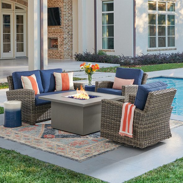 Sonoma Husk Outdoor Wicker with Cushions 4 Piece Swivel Loveseat Group + 42 in. Sq. Sintered Fire Pit Table Sonoma Husk Outdoor Wicker with Cushions 4 Piece Swivel Loveseat Group + 42 in. Sq. Sintered Fire Pit Table