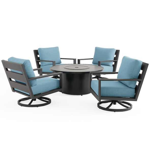 Montecito Charcoal Aluminum with Cushions 5 Piece Swivel Chat Set + 48 in. D Sintered Fire Pit Table Montecito Charcoal Aluminum with Cushions 5 Piece Swivel Chat Set + 48 in. D Sintered Fire Pit Table