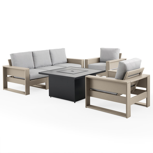 Montauk Weathered Wood Polymer with Cushions 6 Piece Modular Sofa Group + 42 in. Sq. Black Sintered Fire Pit Table Montauk Weathered Wood Polymer with Cushions 6 Piece Modular Sofa Group + 42 in. Sq. Black Sintered Fire Pit Table
