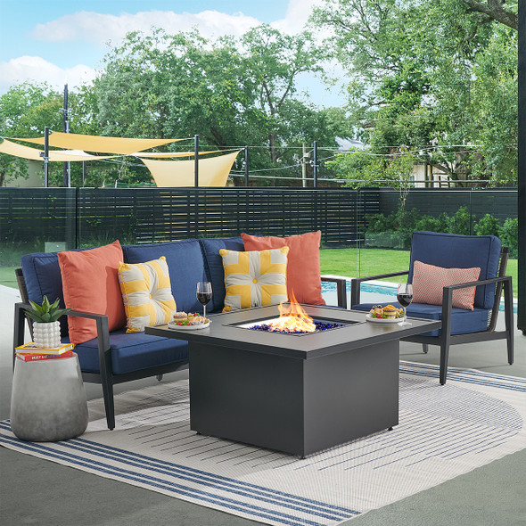 Portofino Husk Midnight Aluminum with Cushions 3 Piece Sofa Group + 42 in. Sq. Fire Pit Table Portofino Husk Midnight Aluminum with Cushions 3 Piece Sofa Group + 42 in. Sq. Fire Pit Table