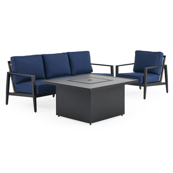 Portofino Husk Midnight Aluminum with Cushions 3 Piece Sofa Group + 42 in. Sq. Fire Pit Table Portofino Husk Midnight Aluminum with Cushions 3 Piece Sofa Group + 42 in. Sq. Fire Pit Table