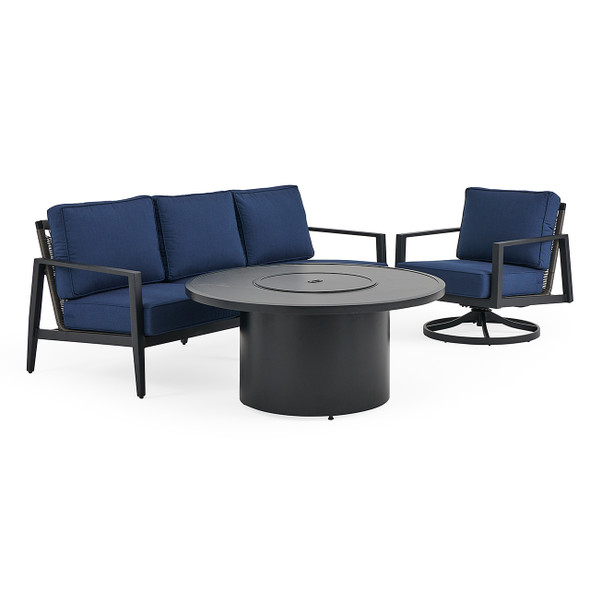 Portofino Husk Midnight with Cushions 3 Piece Swivel Sofa Group + 48 in. D Fire Pit Table Portofino Husk Midnight with Cushions 3 Piece Swivel Sofa Group + 48 in. D Fire Pit Table