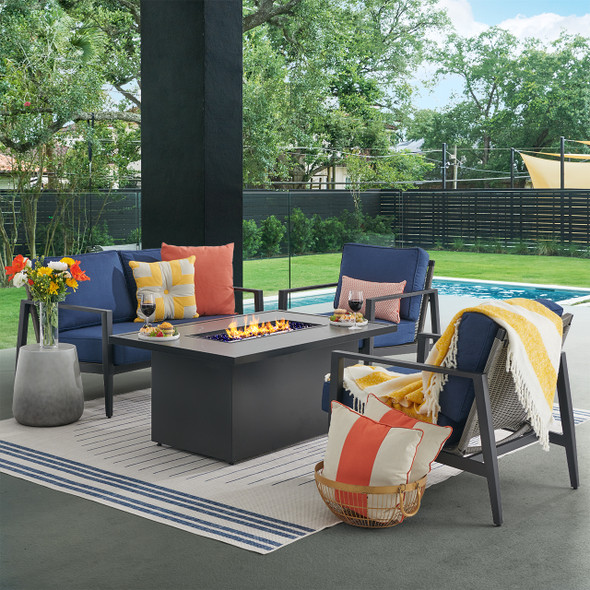 Portofino Husk Midnight with Cushions 4 Piece Loveseat Group + 52 x 32 in. Fire Pit Table Portofino Husk Midnight with Cushions 4 Piece Loveseat Group + 52 x 32 in. Fire Pit Table