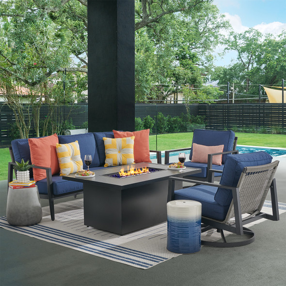 Portofino Husk Midnight with Cushions 4 Piece Swivel Sofa Group + 52 x 32 in. Fire Pit Table Portofino Husk Midnight with Cushions 4 Piece Swivel Sofa Group + 52 x 32 in. Fire Pit Table