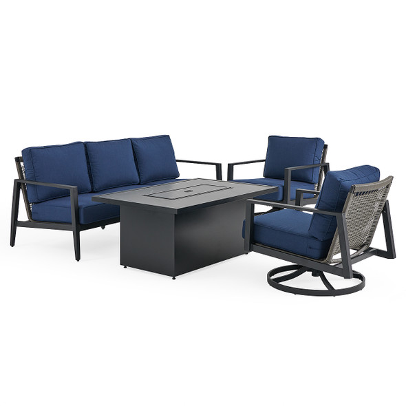 Portofino Husk Midnight with Cushions 4 Piece Swivel Sofa Group + 52 x 32 in. Fire Pit Table Portofino Husk Midnight with Cushions 4 Piece Swivel Sofa Group + 52 x 32 in. Fire Pit Table