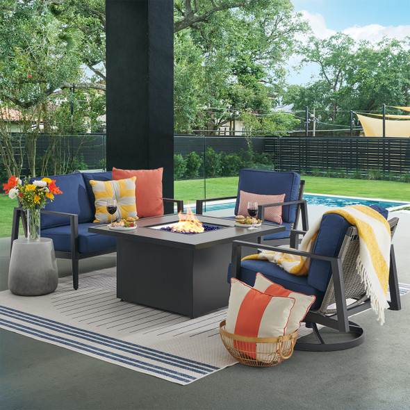 Portofino Husk Midnight Aluminum with Cushions 4 Piece Swivel Loveseat Group + 42 in. Sq. Fire Pit Table Portofino Husk Midnight Aluminum with Cushions 4 Piece Swivel Loveseat Group + 42 in. Sq. Fire Pit Table