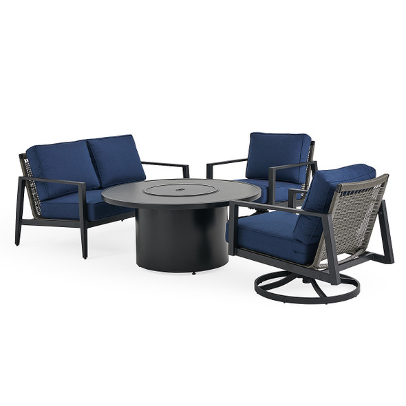 Portofino Husk Midnight Aluminum with Cushions 4 Piece Swivel Loveseat Group + 48 in. D Fire Pit Table Portofino Husk Midnight Aluminum with Cushions 4 Piece Swivel Loveseat Group + 48 in. D Fire Pit Table