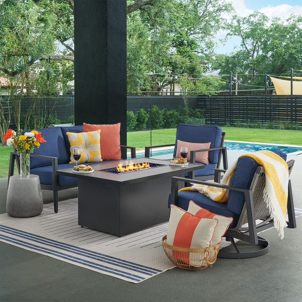 Portofino Husk Midnight with Cushions 4 Piece Swivel Loveseat Group + 52 x 32 in. Fire Pit Table Portofino Husk Midnight with Cushions 4 Piece Swivel Loveseat Group + 52 x 32 in. Fire Pit Table