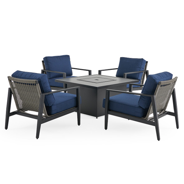 Portofino Husk Midnight Aluminum with Cushions 5 Piece Chat Set + 42 in. Sq. Fire Pit Table Portofino Husk Midnight Aluminum with Cushions 5 Piece Chat Set + 42 in. Sq. Fire Pit Table