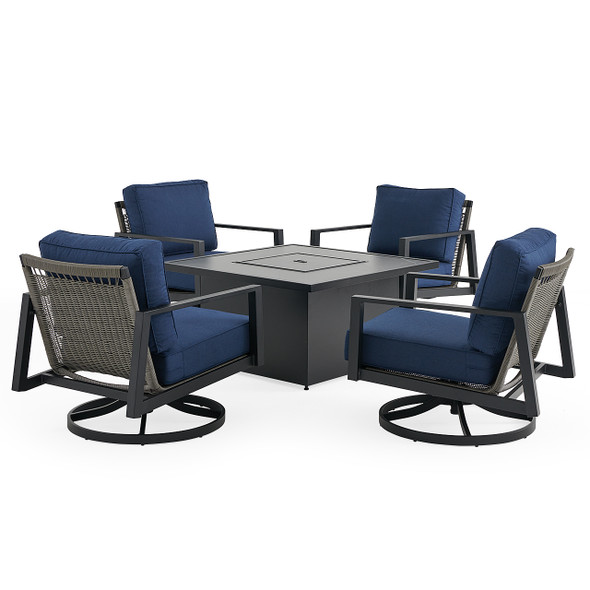 Portofino Husk Midnight with Cushions 5 Piece Swivel Chat Set + 42 in. Sq. Fire Pit Table Portofino Husk Midnight with Cushions 5 Piece Swivel Chat Set + 42 in. Sq. Fire Pit Table