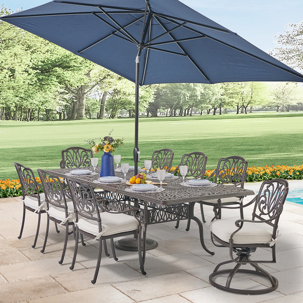 Cadiz Aged Bronze Cast Aluminum with Cushions 9 Piece Swivel Combo Dining Set + 71-103 x 44 in. Double Extension Table - Cadiz Aged Bronze Cast Aluminum with Cushions 9 Piece Swivel Combo Dining Set + 71-103 x 44 in. Double Extension Table -