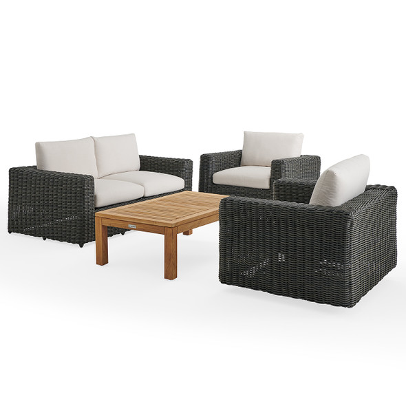 Laguna Smoke Outdoor Wicker and Solid Teak with Cushions 4 Piece Swivel Loveseat Group + 55 x 32 in. Coffee Table