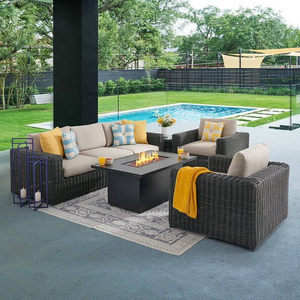 Laguna Smoke Outdoor Wicker with Cushions 4 Piece Sofa Group + 52 x 32 in. D Fire Pit Table Laguna Smoke Outdoor Wicker with Cushions 4 Piece Sofa Group + 52 x 32 in. D Fire Pit Table