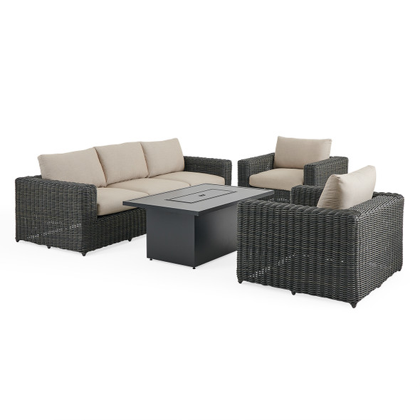 Laguna Smoke Outdoor Wicker with Cushions 4 Piece Sofa Group + 52 x 32 in. D Fire Pit Table Laguna Smoke Outdoor Wicker with Cushions 4 Piece Sofa Group + 52 x 32 in. D Fire Pit Table