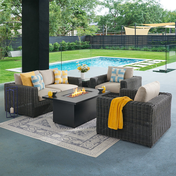 Laguna Smoke Outdoor Wicker with Cushions 4 Piece Loveseat Group + 52 x 32 in. D Fire Pit Table Laguna Smoke Outdoor Wicker with Cushions 4 Piece Loveseat Group + 52 x 32 in. D Fire Pit Table
