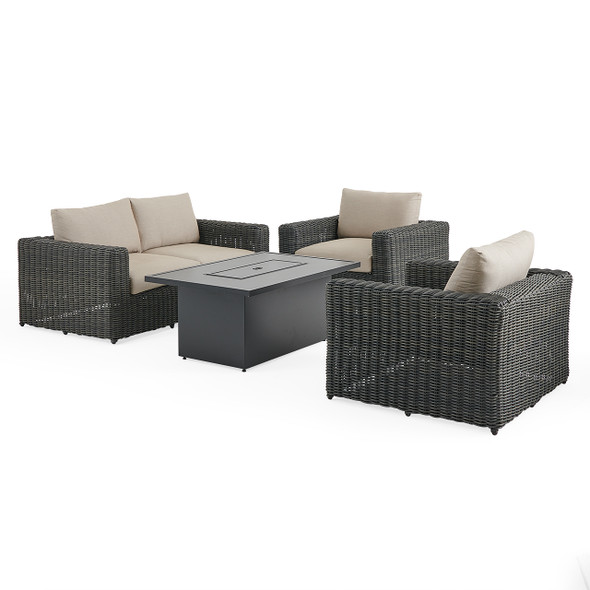 Laguna Smoke Outdoor Wicker with Cushions 4 Piece Loveseat Group + 52 x 32 in. D Fire Pit Table Laguna Smoke Outdoor Wicker with Cushions 4 Piece Loveseat Group + 52 x 32 in. D Fire Pit Table