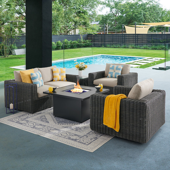 Laguna Smoke Outdoor Wicker with Cushions 4 Piece Swivel Loveseat Group + 42 in. Sq. Fire Pit Table Laguna Smoke Outdoor Wicker with Cushions 4 Piece Swivel Loveseat Group + 42 in. Sq. Fire Pit Table