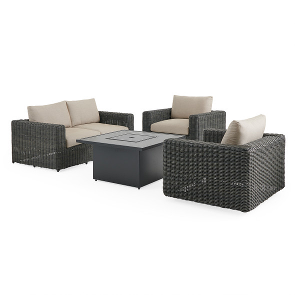 Laguna Smoke Outdoor Wicker with Cushions 4 Piece Swivel Loveseat Group + 42 in. Sq. Fire Pit Table Laguna Smoke Outdoor Wicker with Cushions 4 Piece Swivel Loveseat Group + 42 in. Sq. Fire Pit Table
