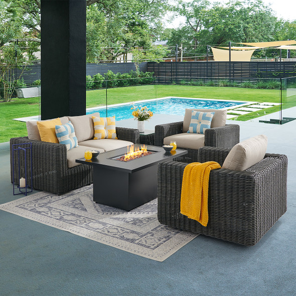 Laguna Smoke Outdoor Wicker with Cushions 4 Piece Swivel Loveseat Group + 52 x 32 in. D Fire Pit Table Laguna Smoke Outdoor Wicker with Cushions 4 Piece Swivel Loveseat Group + 52 x 32 in. D Fire Pit Table