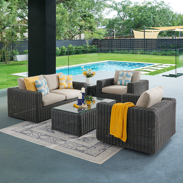 Laguna Smoke Outdoor Wicker with Cushions 4 Piece Swivel Loveseat Group + 56 x 29 in. Coffee Table Laguna Smoke Outdoor Wicker with Cushions 4 Piece Swivel Loveseat Group + 56 x 29 in. Coffee Table