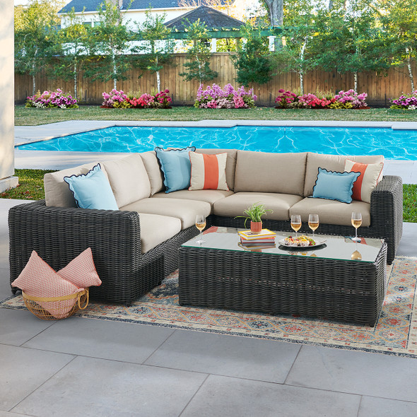 Laguna Smoke Outdoor Wicker with Cushions 4 Piece Sectional + 56 x 29 in. Coffee Table Laguna Smoke Outdoor Wicker with Cushions 4 Piece Sectional + 56 x 29 in. Coffee Table