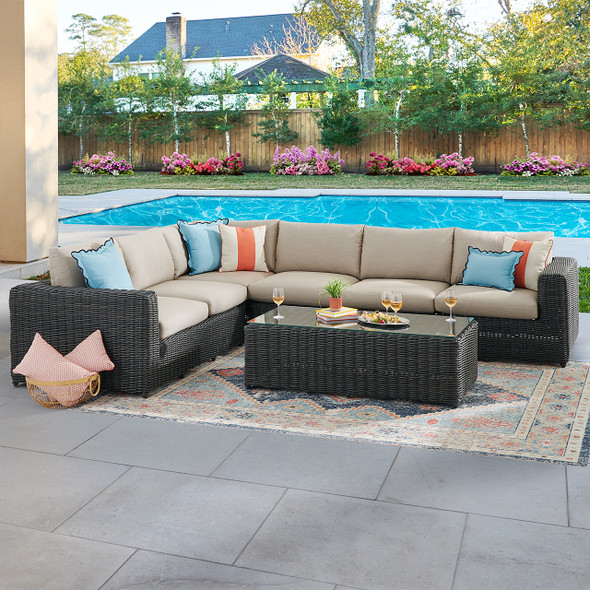 Laguna Smoke Outdoor Wicker with Cushions 5 Piece Sectional + 56 x 29 in. Coffee Table Laguna Smoke Outdoor Wicker with Cushions 5 Piece Sectional + 56 x 29 in. Coffee Table