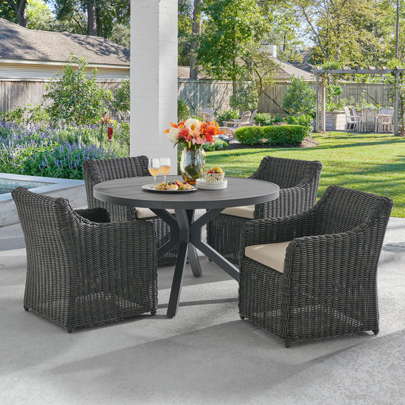 Laguna Smoke Outdoor Wicker with Cushions 5 Piece Dining Set + Montecito 48 in. D Table