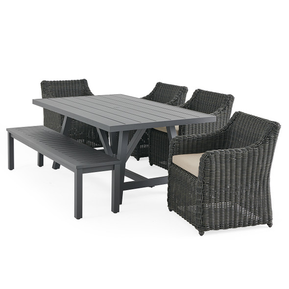 Laguna Smoke Outdoor Wicker with Cushions 6 Piece Bench Dining Set + Montecito 70 x 40 in. Table Laguna Smoke Outdoor Wicker with Cushions 6 Piece Bench Dining Set + Montecito 70 x 40 in. Table