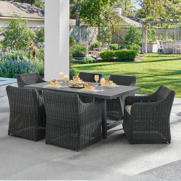 Laguna Smoke Outdoor Wicker with Cushions 7 Piece Dining Set + Montecito 70 x 40 in. Table Laguna Smoke Outdoor Wicker with Cushions 7 Piece Dining Set + Montecito 70 x 40 in. Table