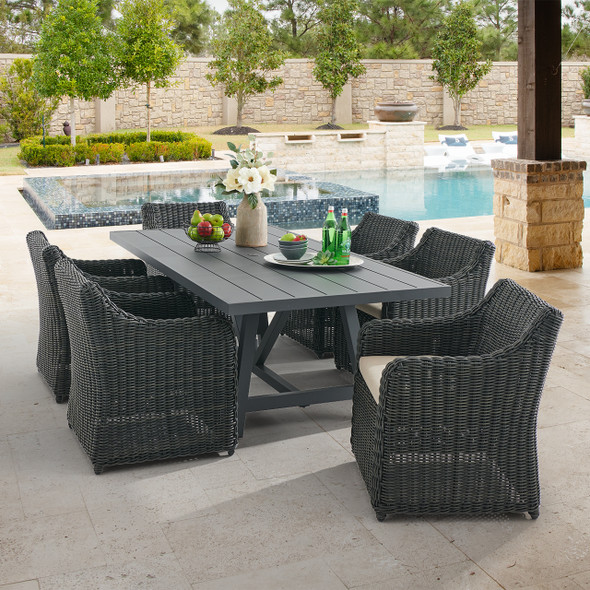 Laguna Smoke Outdoor Wicker with Cushions 7 Piece Dining Set + Montecito 84 x 42 in. Table Laguna Smoke Outdoor Wicker with Cushions 7 Piece Dining Set + Montecito 84 x 42 in. Table