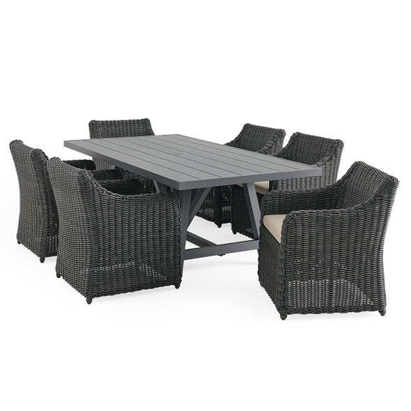 Laguna Smoke Outdoor Wicker with Cushions 7 Piece Dining Set + Montecito 84 x 42 in. Table