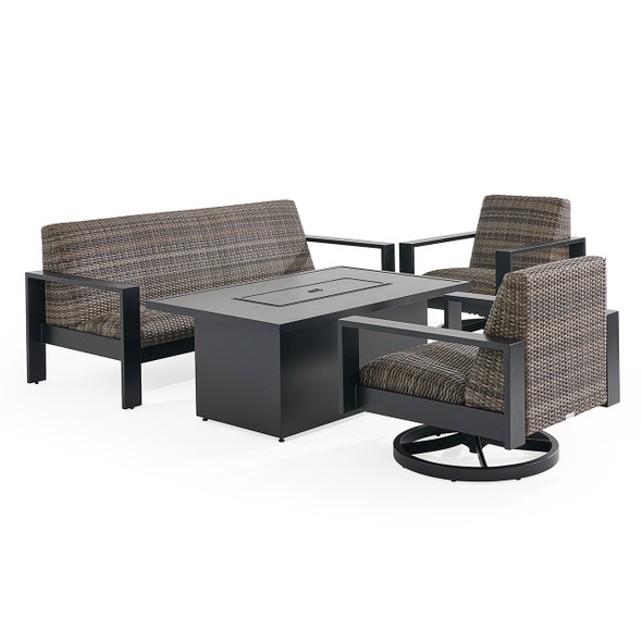 Chelsea Textured Black Aluminum and Weathered Teak Outdoor Wicker Concealed Cushions 4 Piece Swivel Sofa Group + 52 x 32 in. Fire Pit Table